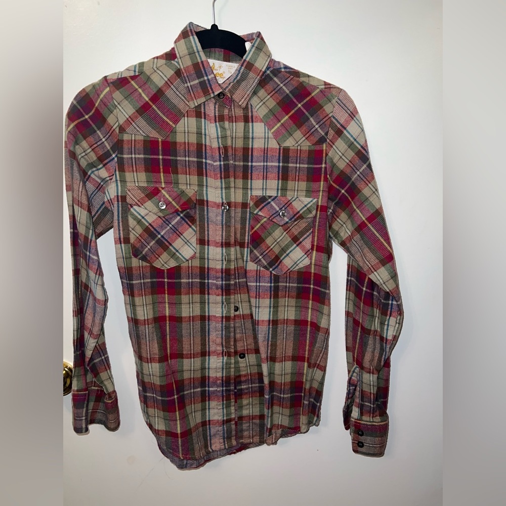 Ms. Lee Vintage Flannel Fitted with Green Purple colorful grid pattern